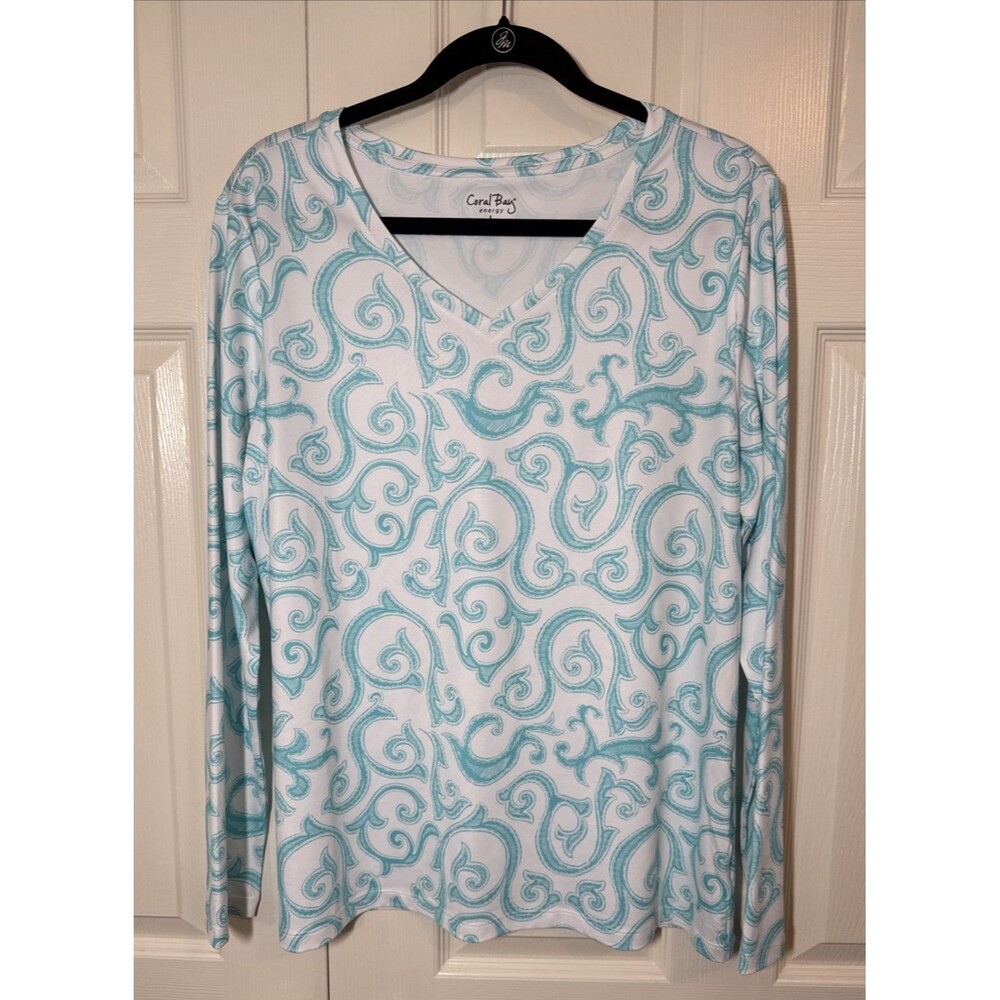 Coral Bay Energy Women's Size L White Turquoise Stretch Long Sleeved Top - EUC